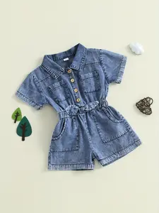 Short Sleeve Denim Overall Jumpsuit Spring Summer Everyday Essentials Elastic Waist Button Decor Lapel Multi Pocket Solid Color Machine Washable Durable Casual Outfit
