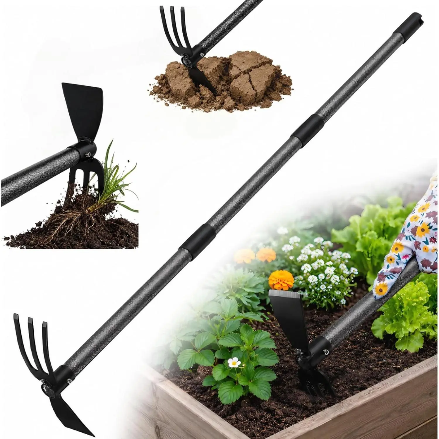 Garden Hoe with 3-Tine Cultivator Rake, 2-In-1 Carbon Steel Sharp Weeding Tool with 60" Long Handle For Weed Removal, Soil Loosening, Planting,Cultivating In Raised Flower Beds,Vegetable Gardens