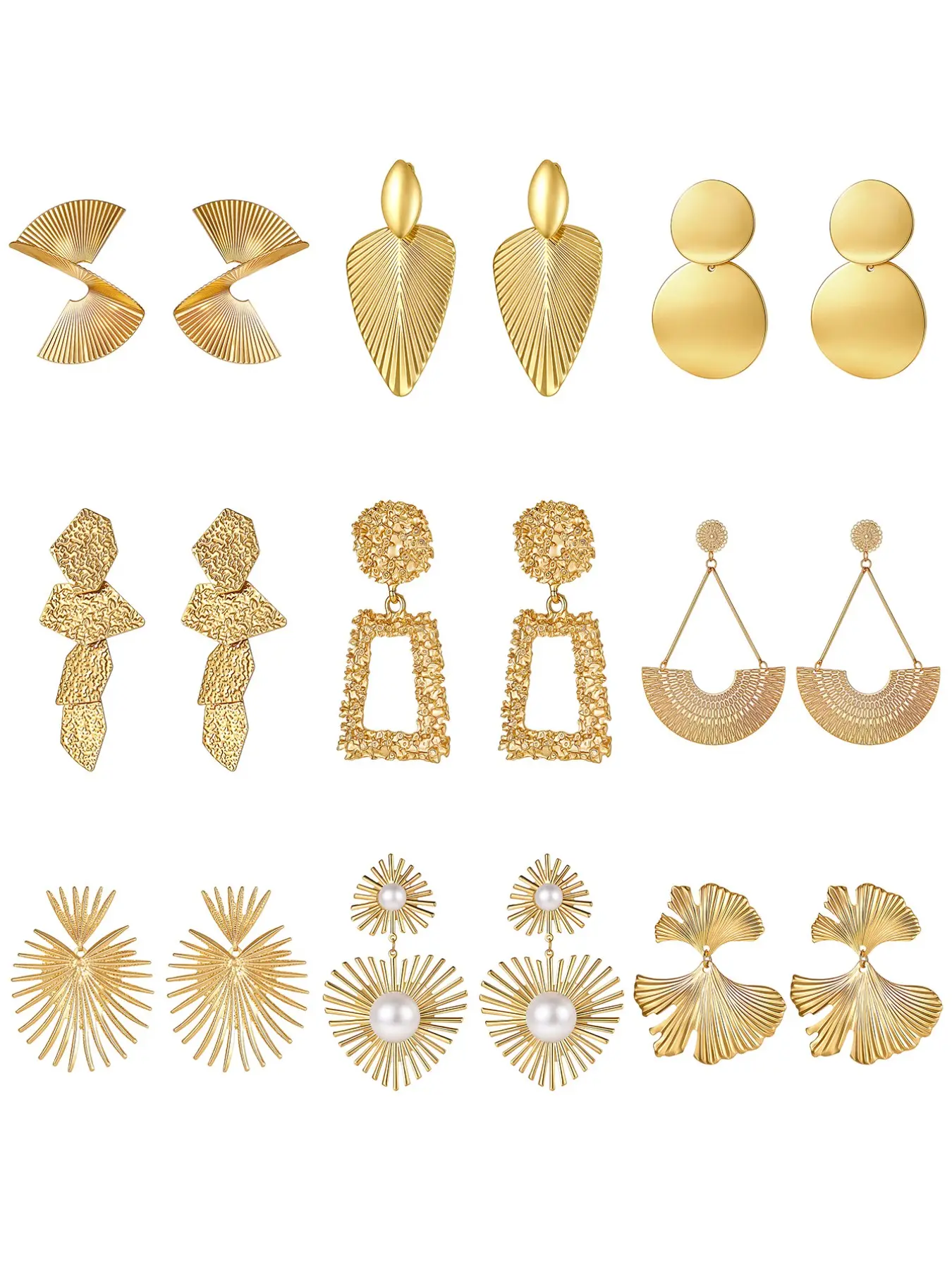 9 Pairs Vintage Textured Geometric Dangle Earrings, Fan Leaf Pearl Drop Stackable Statement Jewelry for Women, Daily Party Wear