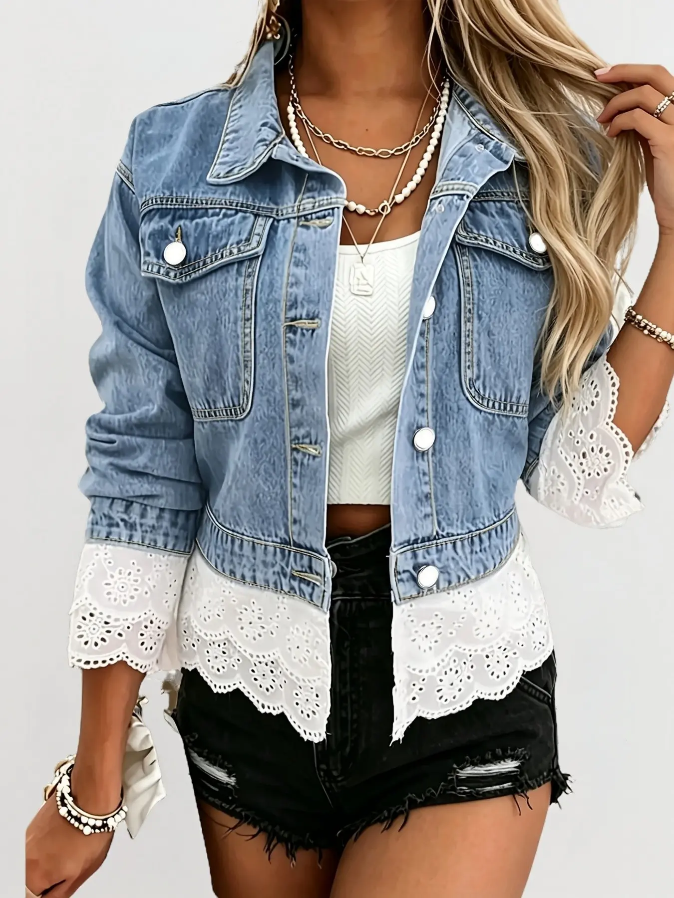 Women's Light Wash Denim Jacket with White Eyelet Lace Trim, Button Front Jean Jacket with Flap Chest Pockets Fit