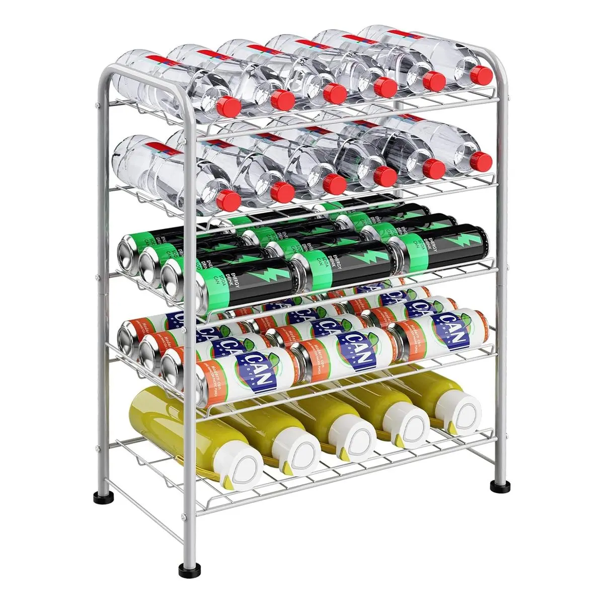 Sturdy Silver Metal 5-Tier Water Bottle Holder, Adjustable Drink Shelf, Freestanding Beverage Can Dispenser, Vertical Organizer Racks & Displays, Holds 30 Bottles, 8 lbs per Tier, for Pantry Kitchen Counter