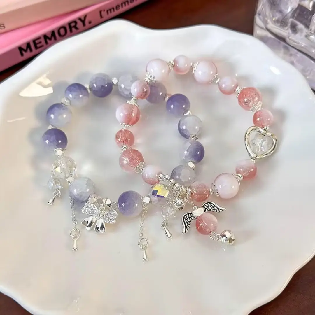 Women Beaded Bracelets Pink Floral Butterfly Jewelry Two Tone Crackle Crystal Bow Charm Wristband Niche Color Mix Stackable Hand Accessories Vibrant Dainty Lightweight for Daily Picnic Date Festival Holiday Gift Outfit
