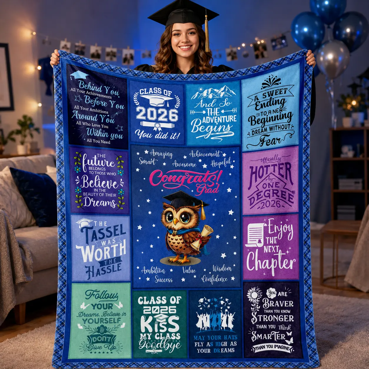 Class of 2026 Graduation Blanket for Her Him, Congrats Grad Throw Blanket with Inspirational Quotes, Soft Cozy Senior Gift for High School College Graduate, Graduation Party Decor, Dorm Room Sofa Bed Blanket, 2026 Graduation Gift for Women Men