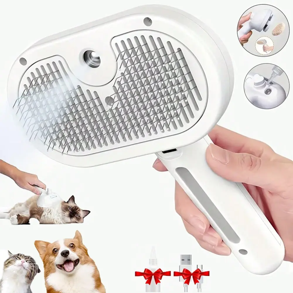 3-in-1 Automatic Cleaning Steam Pet Brush - Deshedding Brush Anti-static suitable for both long-haired and short-haired cats and dogs removes loose fur and reduces shedding