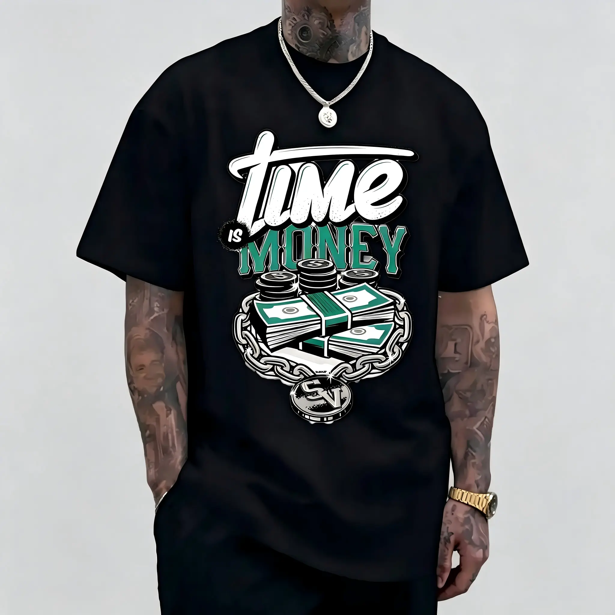 "Time Is Money" Stacked Dollar Bills Hip Hop T-Shirt for Men Women – Metal Chain Medallion Hustle Graphic Tee, Soft Stretch Cotton Crew Neck Short Sleeve, Regular Fit Streetwear, All Season Casual Top, Machine Washable