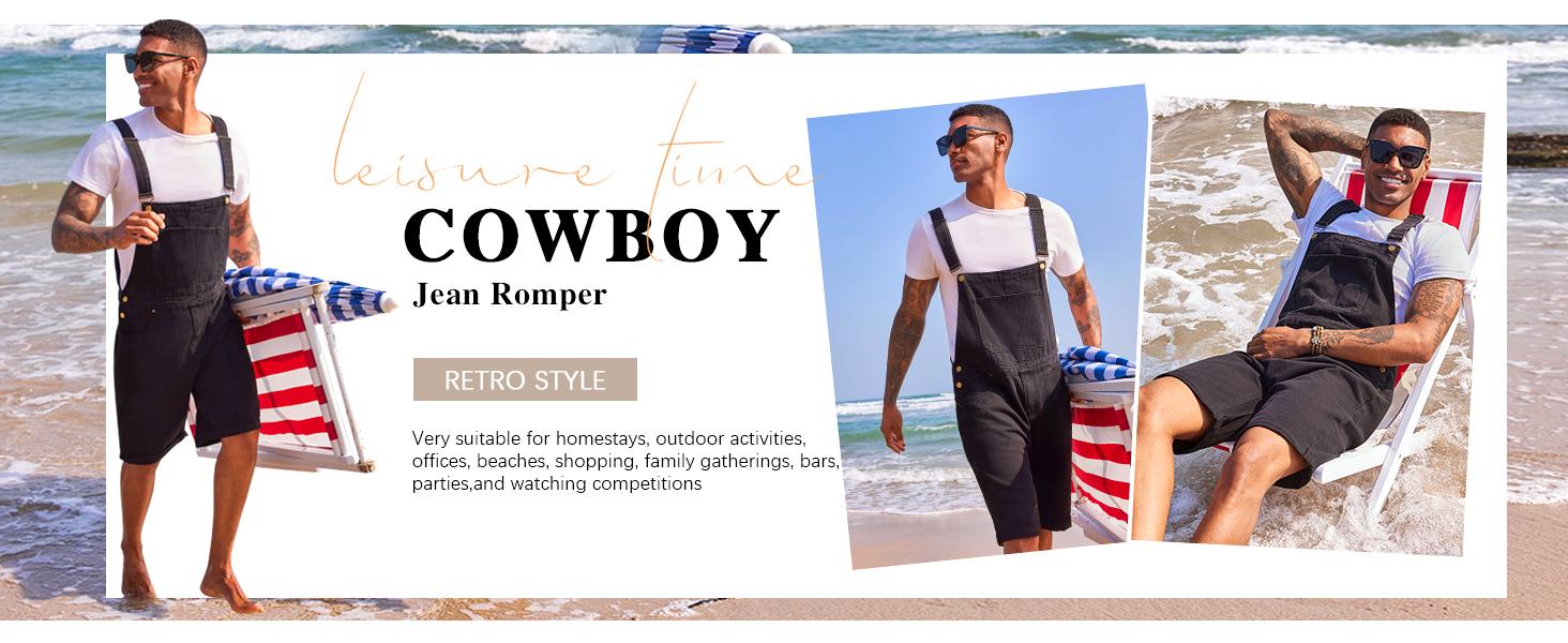 Beotyshow Mens Denim Shorts Bib Overall Jean Romper Casual Loose Fit Walkshort Button Pockets Summer Jumpersuit Fashion Menswear