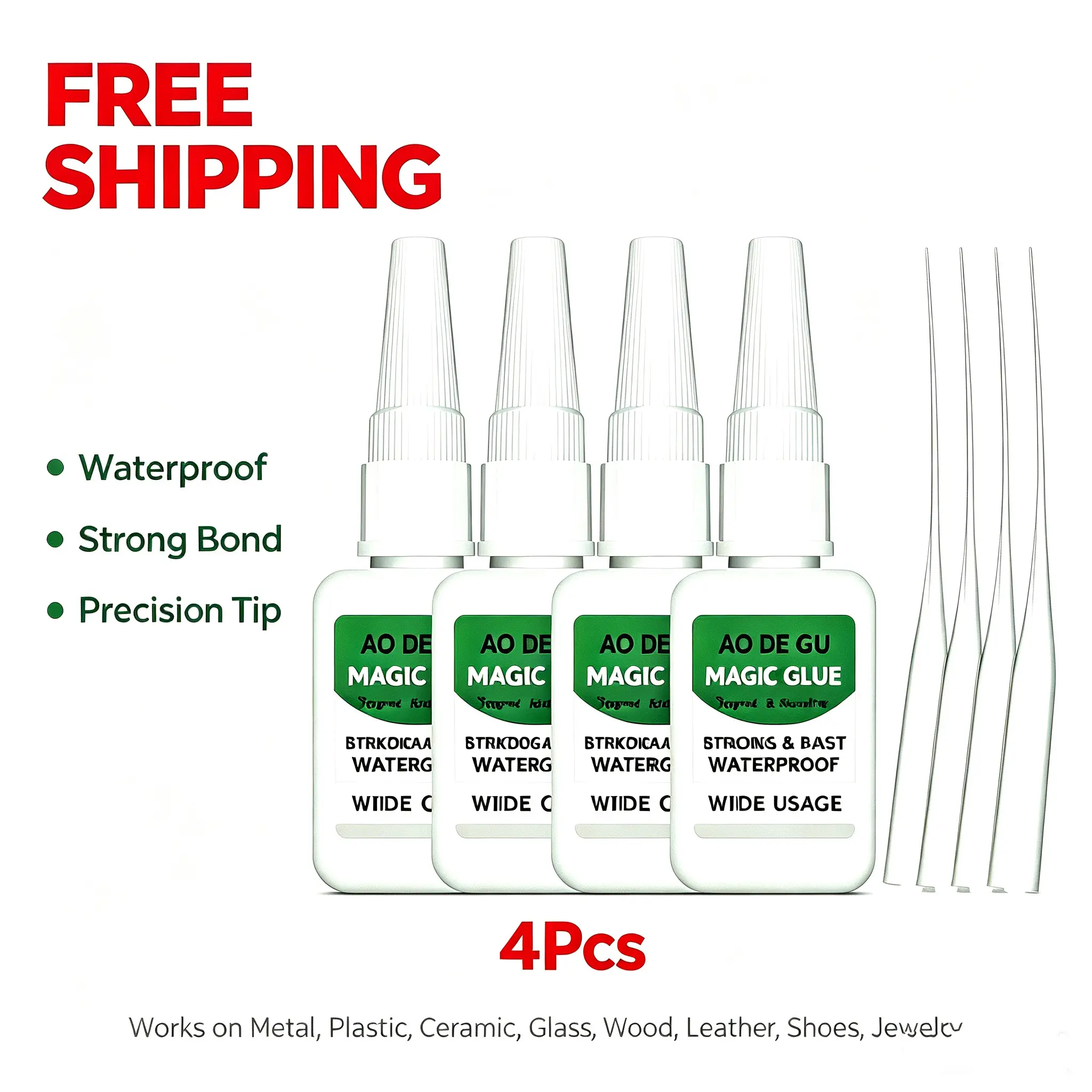 4PCS Magic Super Glue Fast Dry Waterproof Heavy Duty All Purpose Adhesive with Precision Tips for Metal Ceramic Plastic Glass Leather Shoes Jewelry Repair