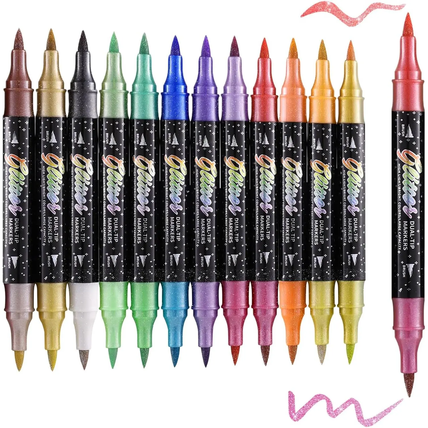 24 Colors 12 Pack  Brush Tip Glitter Markers Pens Art School Supplies | Glitter Pens Sparkle Shimmer Markers for Adult Coloring Books Scrapbooking Planners Card Making & Holiday  Party Supplies