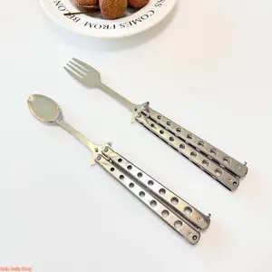 2026 Popular Stainless Steel Butterfly Practice Tool - Outdoor Portable Folding Hand Shaking Accessory with Practice Fork & Spoon (Fashion Charm)