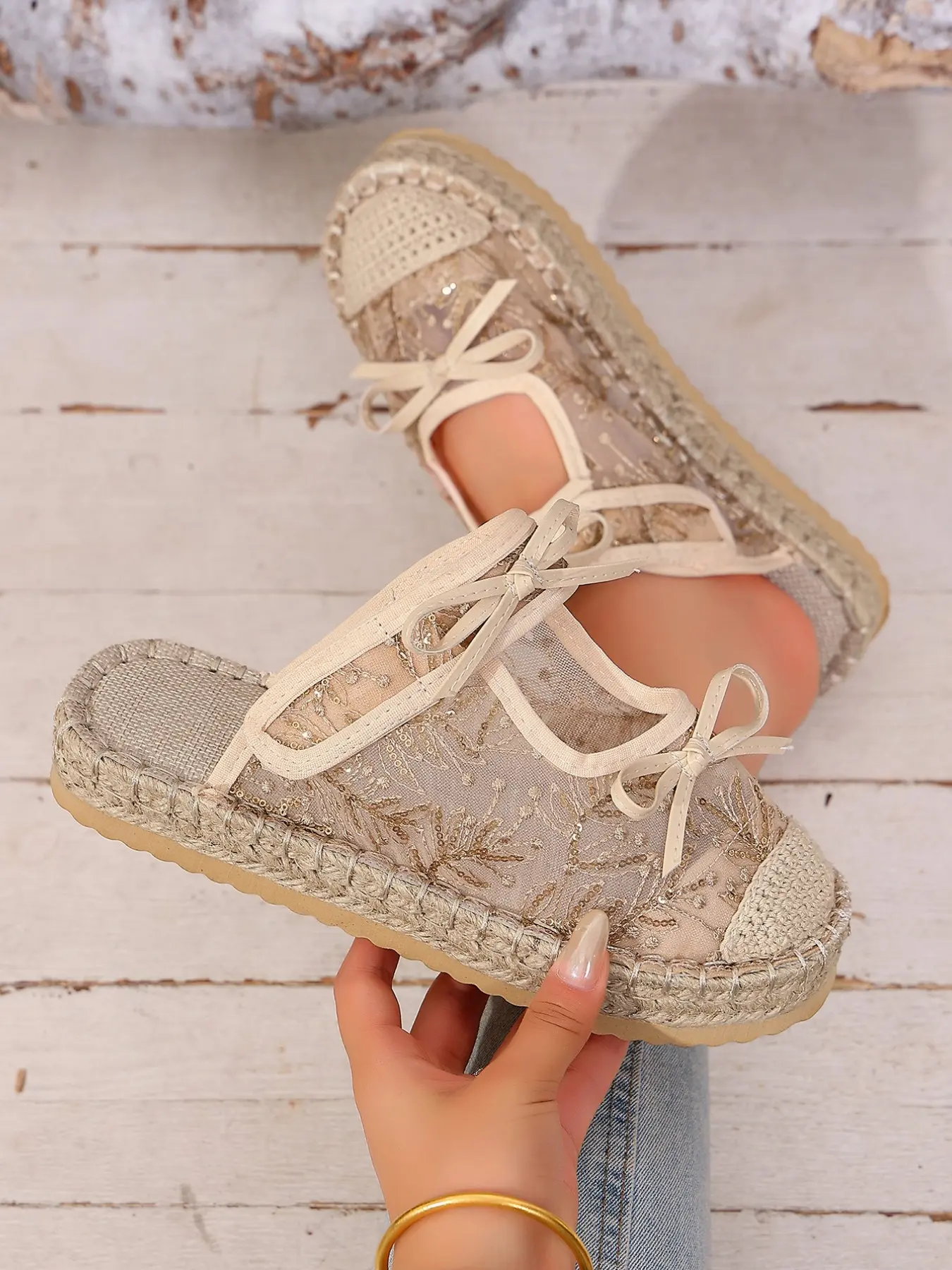 Women Summer Espadrille Mules, Closed Toe Slippers, Rubber, Breathable Lace Mesh, Bow Decor, Casual Outdoor Slip on Flats, Vintage Bohemian Beach Shoes, Footwear