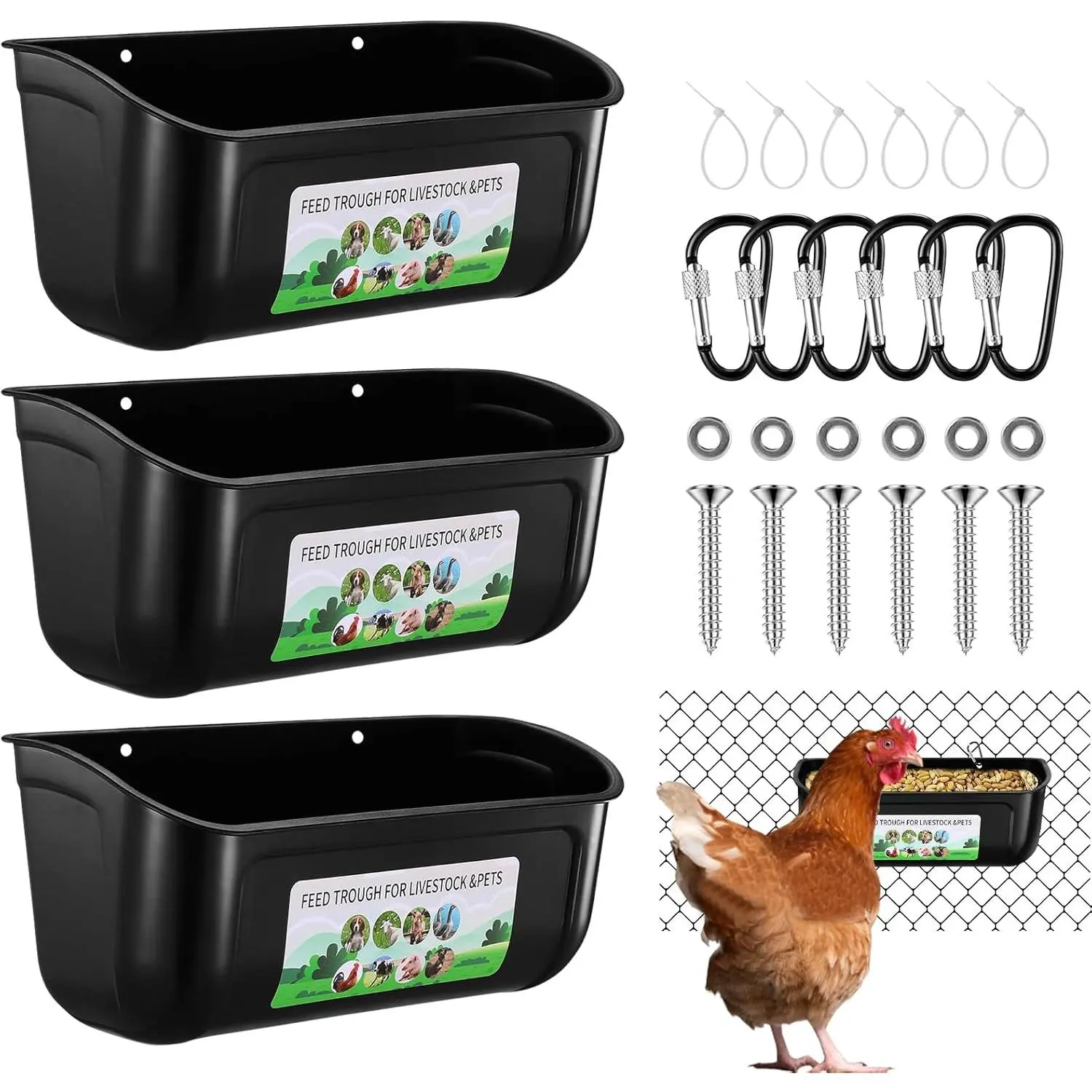 3Pcs Hanging Fence Livestock Feed Trough with Clips, Feeder for Chicken Duck Goat Sheep Piglet Turkey Dog Farm Use