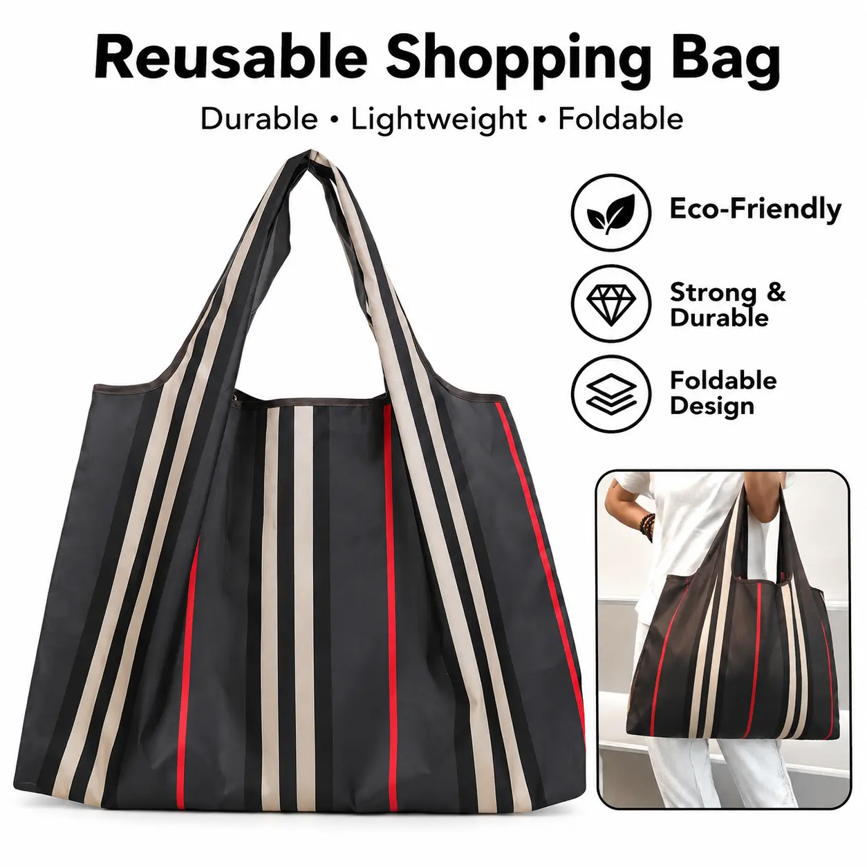 Striped Pattern Large-Capacity Foldable Shopping Bags, Waterproof Portable Shoulder Bag for Daily Use, Fashionable Lightweight Shopping Bag-YY0