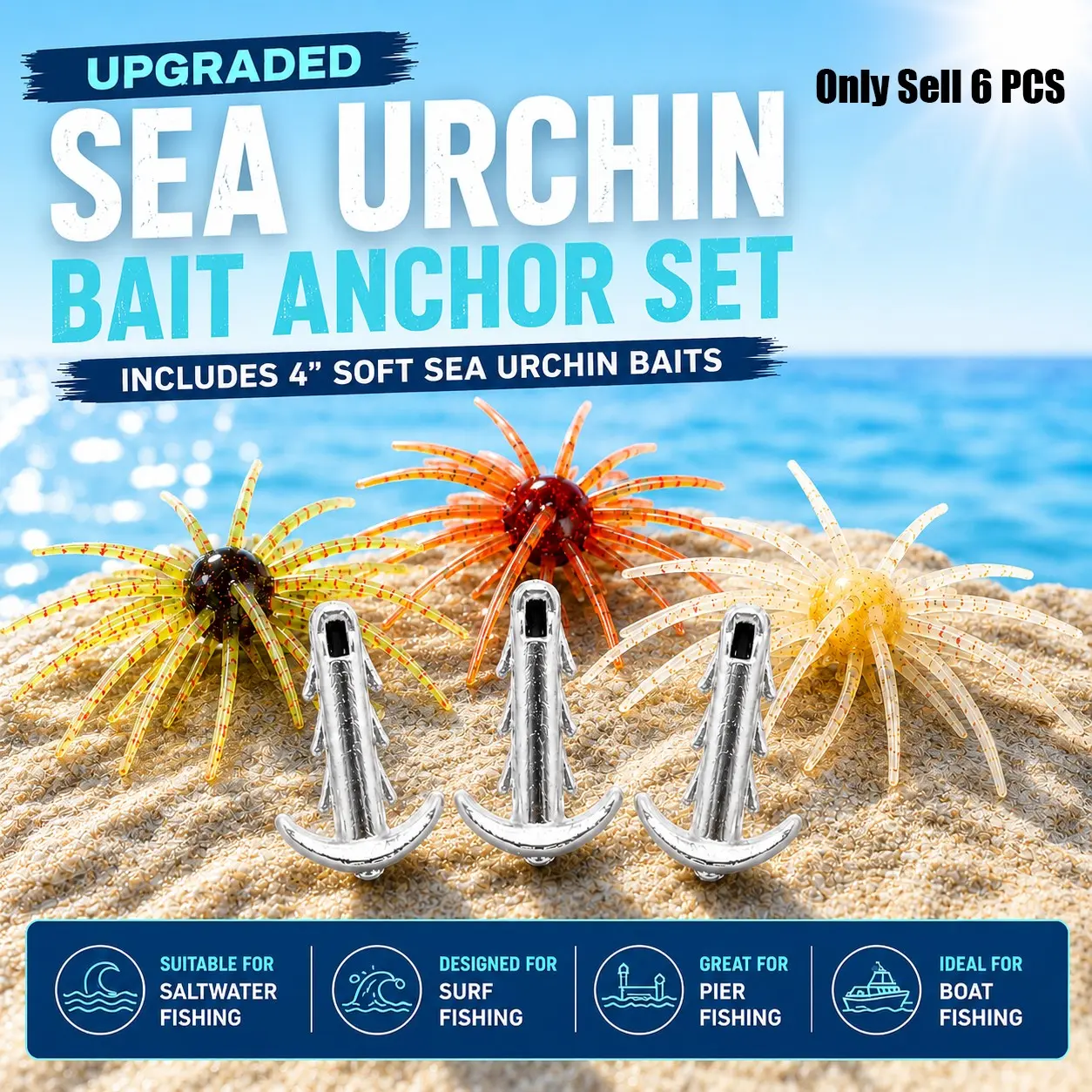 6 PCS Sea Urchin Bait Anchor Fishing Rig Set, Includes 1/8 oz, 3/32 oz & 3/16 oz Anti-Slip Bait Locking Hook Sinkers with 3.35inch Soft Sea Urchin Baits for Surf, Pier, Boat and Saltwater Fishing