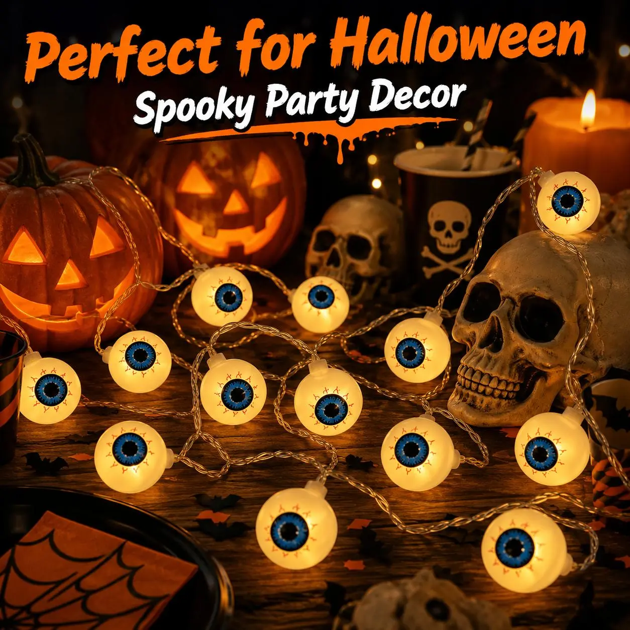 20 LED 118-Inch Eyeball String Lights, USB Powered Spooky Hanging Lights for Halloween Party, Bedroom, Window & Indoor Decor