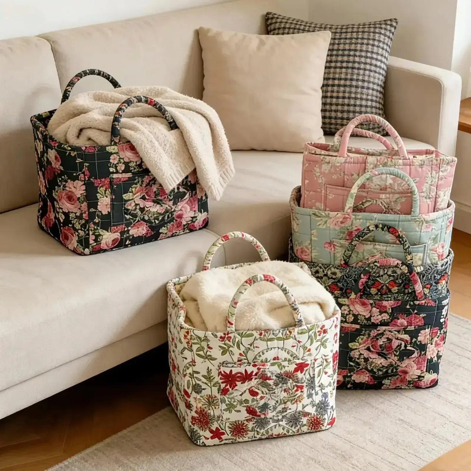 Retro Quilted Floral Storage Basket, Large Capacity Organizer Bin with Portable Handle, Decorative Home Storage Basket for Bedroom, Closet, Laundry Room, Camping, Travel and Everyday Organization