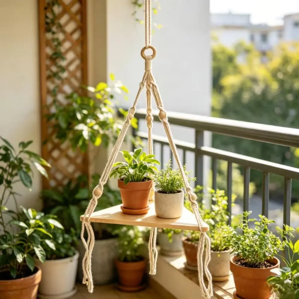 1PC Boho Macrame Hanging Shelf with Wooden Board, Single-Tier Wall-Mounted Display Shelf for Potted Plants, Books, Picture Frames and Home Decor, Bedroom, Living Room or Balcony