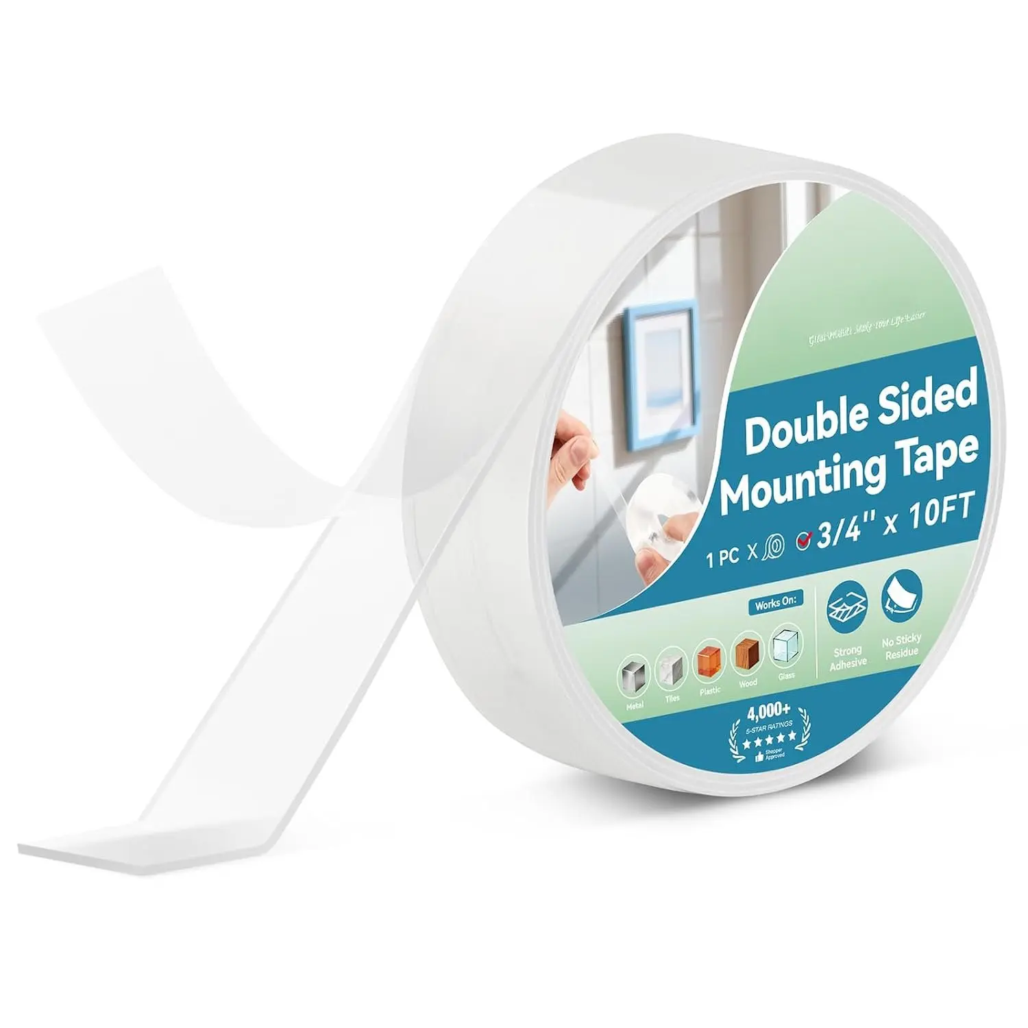 Double Sided Tape Heavy Duty, Clear  Mounting Tape,  Adhesive, Removable, No , Transparent Nano Tape for Wall Decor, Poster, Picture , DIY Crafts (3/4’’x10FT)