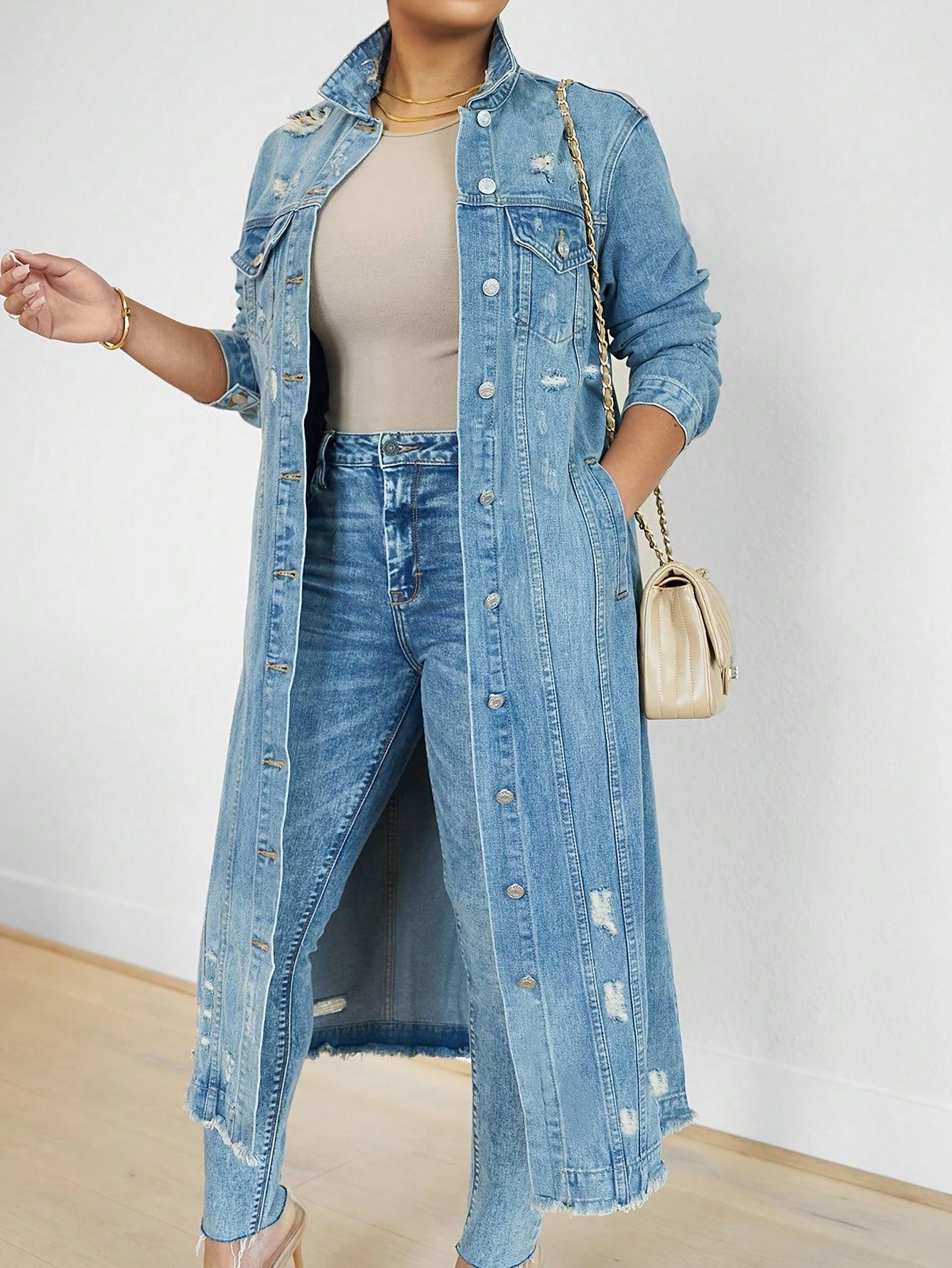 Womens Distressed Ripped Denim Trench Coat Casual Slim Button Down Washed Long Jean Jacket Long Sleeve Solid Color Coat SpringStatements