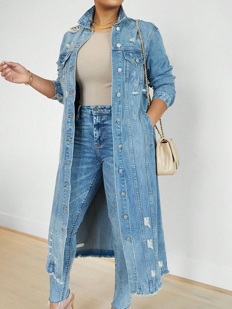 Womens Distressed Ripped Denim Trench Coat Casual Slim Button Down Washed Long Jean Jacket Long Sleeve Solid Color Coat