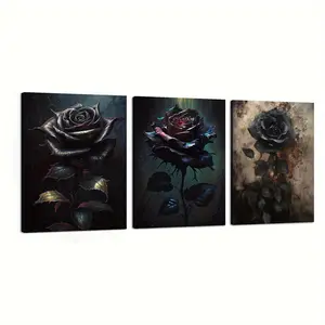 3-piece wooden frame canvas poster featuring black rose art, dark academy, gothic Victorian art, vintage floral art, creative waterproof canvas poster, suitable for bedroom, office, living room,   home, and dormitory wall decoration，  Wall  Deco decor