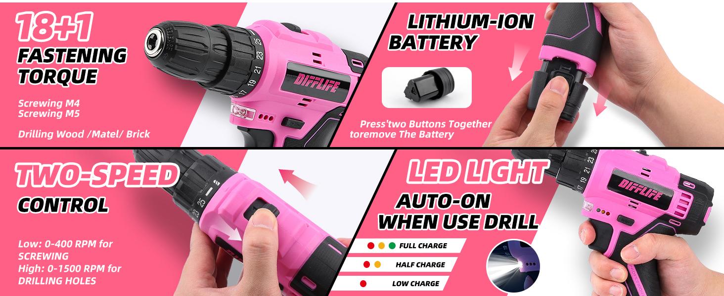 147 Piece Pink Power Drill Drivers Tool Set with 12V Cordless Drill, Professional Household Home Tools Kit Set, DIY Pink Electric Drill Cordless Hand Tool Box for Women