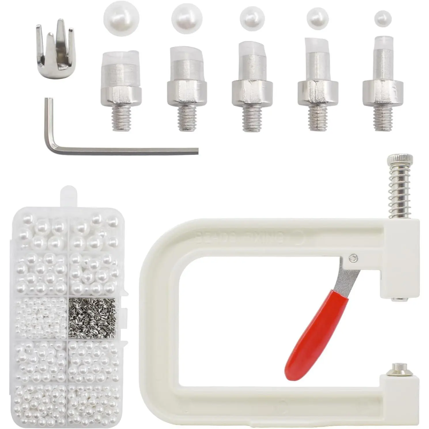 Hand Press Pearl Setting Machine Tools with 5 Sizes Round White Pearl Beads Rivet Studs for Decorating Clothes Dresses Bags Hair Bands or DIY Crafts