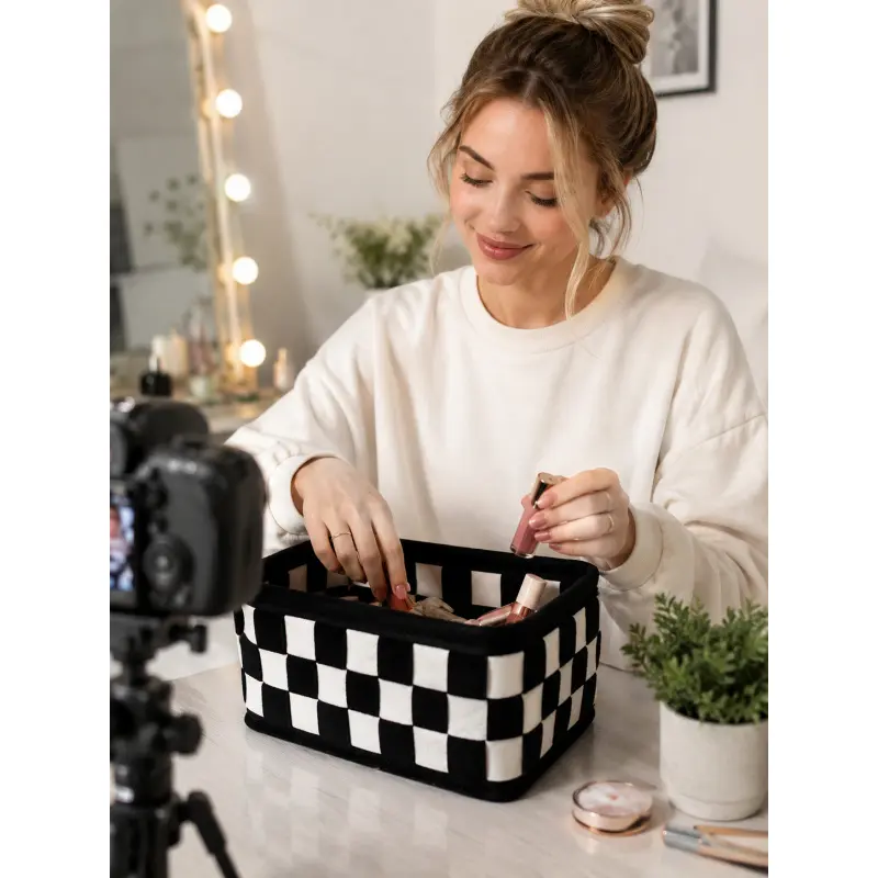 Checkered Storage Basket, Black and White Checkerboard Felt Desk Organizer, Multipurpose Desktop Drawer Organizer Bin for Cosmetics Snacks Keys Books Remote Controls, Modern Home Decor Storage Basket for Bedroom Living Room Dorm Bathroom Kitchen, Christma