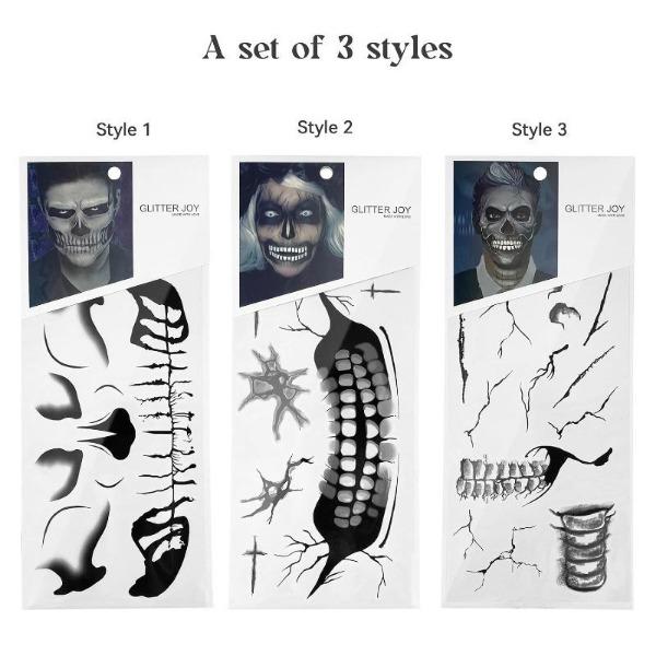 Fake Zombie Face Tattoos & Day of Dead Skull Stickers - Halloween Makeup Kit Accessories, Temporary Tattoo for Costume Prank, Women Men, Realistic Scar Wounds FX (3 Sheets)