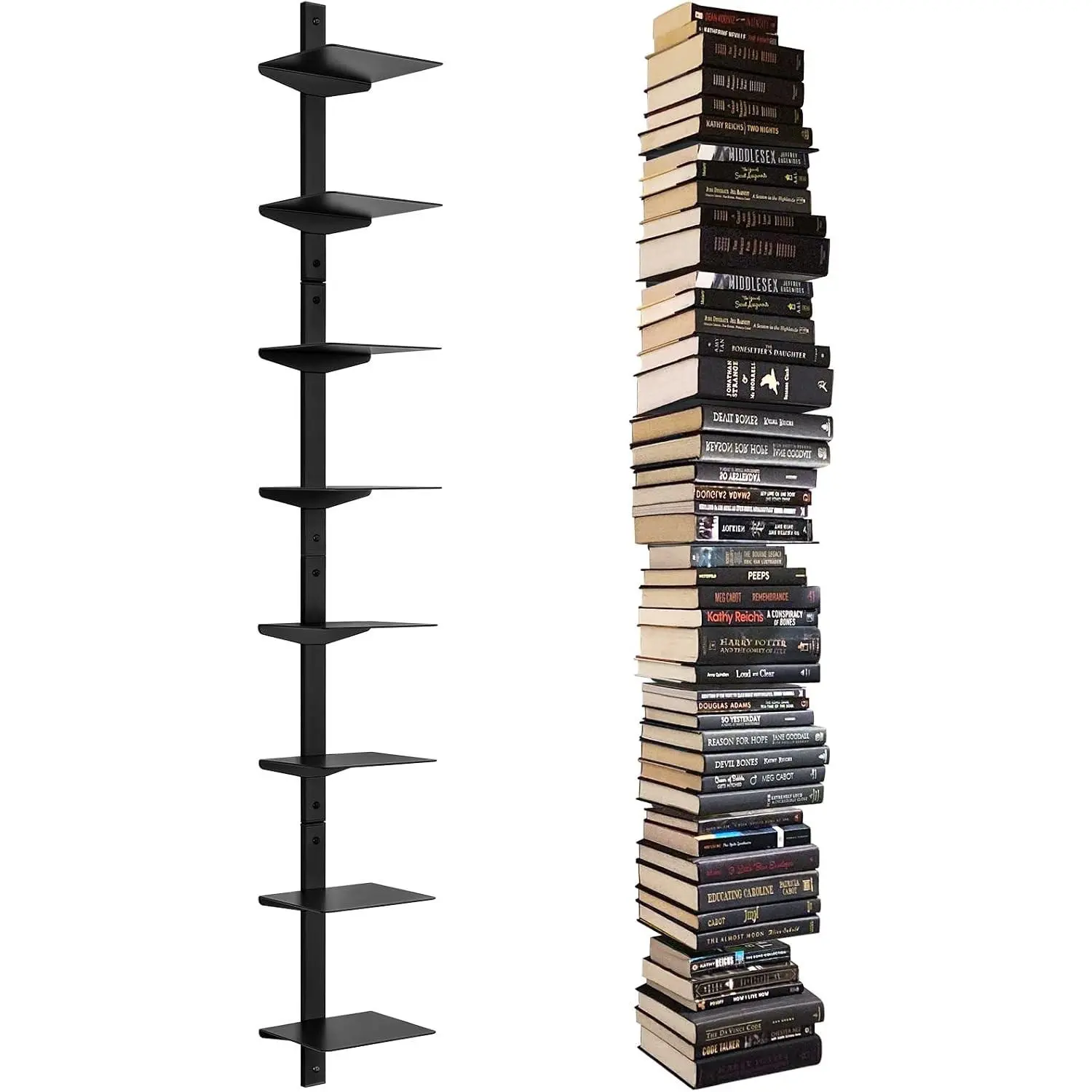 Floating Book Shelves for Wall, 8 Tier Invisible Floating Bookshelf, Vertical Spine Book Tower, Wall Mounted & Space Saving, Heavy Duty Metal Book Organizer for Home Office, 4 Pack Black