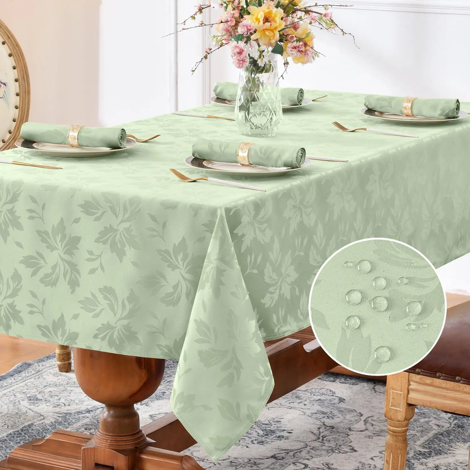 Summer Rectangle Tablecloth - Waterproof Damask Floral Pattern Decorative Table Cloth Weight Table Cover for Dinner/Parties/- 60 x 102 Inch, Sage Green