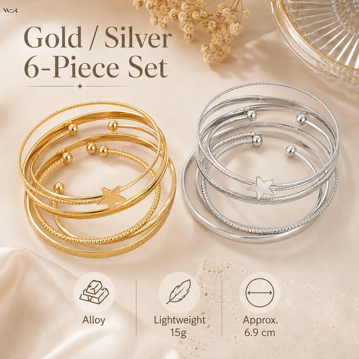 6 Piece Star Multi-Texture Stackable Thin Bangle Set, Minimalist Open Cuff Layered Metal Wrist Bracelets, 2 Tone Gold Silver Retro Fashion Decor Jewelry for Women