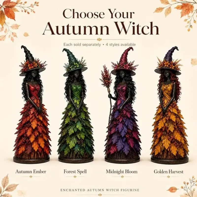 Magic Autumn Witch Statue, 4-Inch Halloween Desk Decor, Leaf Robe, Seasonal Resin Witch Ornament, Fireplace Shelf Home Decoration