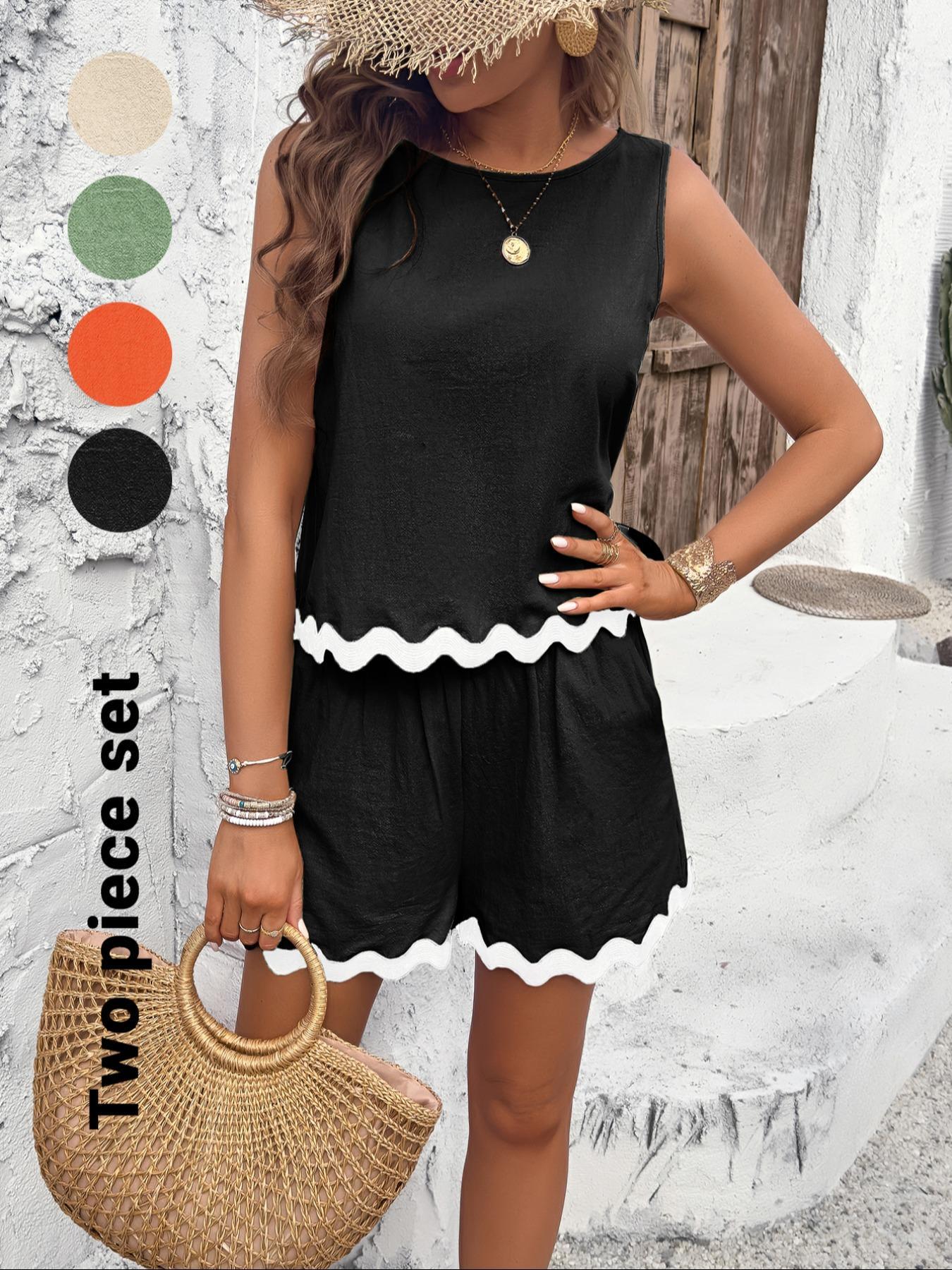 Women's Tank Top & Shorts Two-Piece Set, Casual Sleeveless Fitted Top & Shorts for Summer, Ladies Clothes for Daily Wear