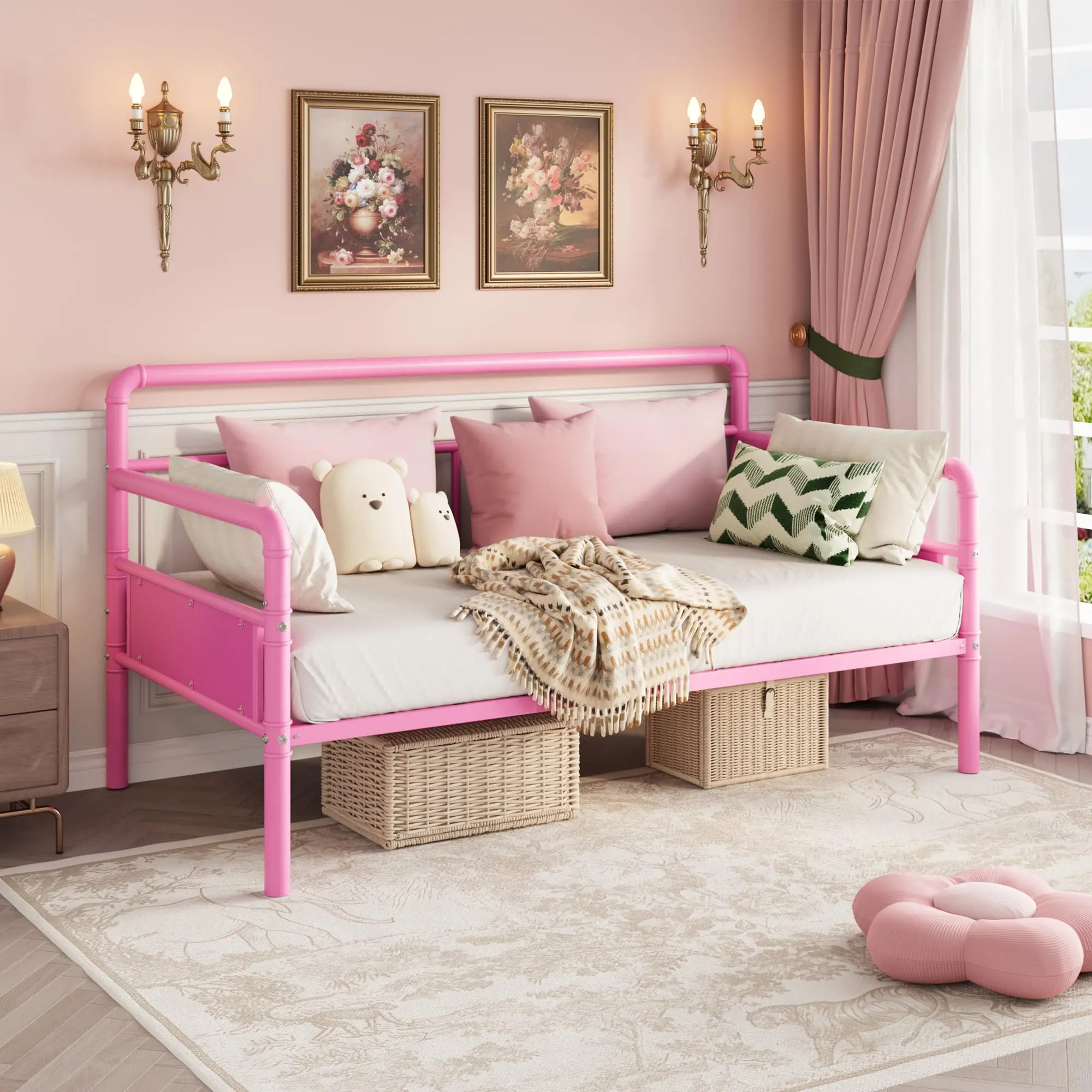Metal Daybed and Pop Up Trundle Bed, Heavy Duty Twin Day Bed with Classic Headboard and Steel Slat Support,Sofa Bed Platform for Living Room Guest Room, No Box Spring Needed, Pink
