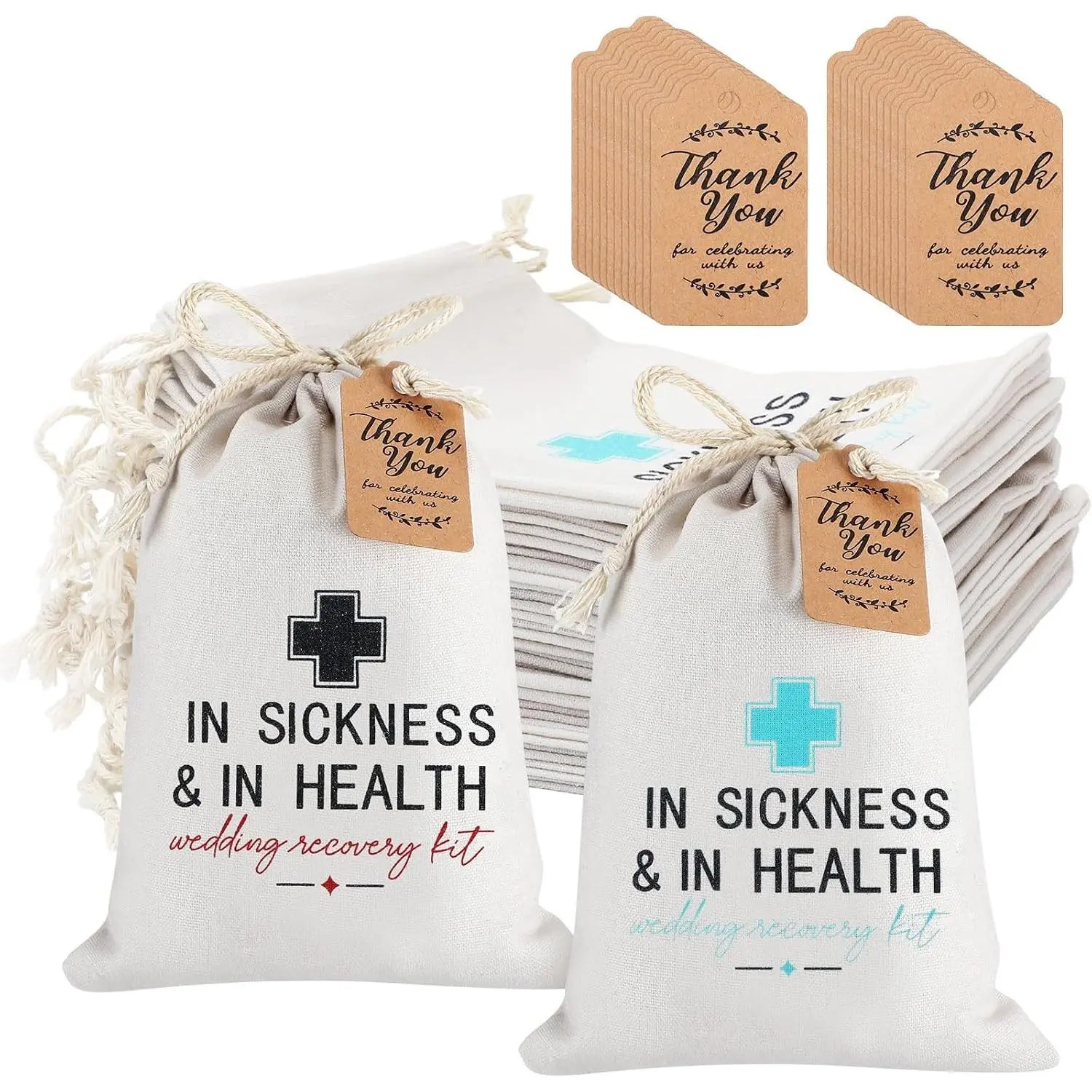 24 Set Hangover Recovery Kit Bags Wedding in Sickness & in Health Hangover Survival Kit with Thank You Card and Drawstring for Bridal Shower Bachelorette Bridesmaid Gifts