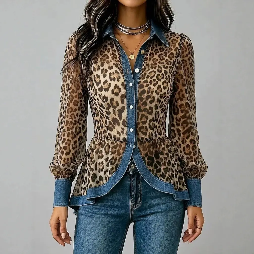 Women's Leopard Print Denim Splice Collared Puffy Long-Sleeves Button-Down Medium-Length Peplum Blouse - Sheer Chiffon Fabric, Lightweight Vintage Casual Lady Top for Party Wear Chic Outfit Shirt