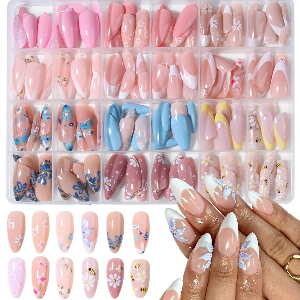 288pcs Long Almond Press-On Nails, False Nails, Decorative Nails, Floral Patterns Flower Cherry Blossom Bee Design, Includes Jelly Glue and Nail Files, Perfect for Parties and Daily Wear