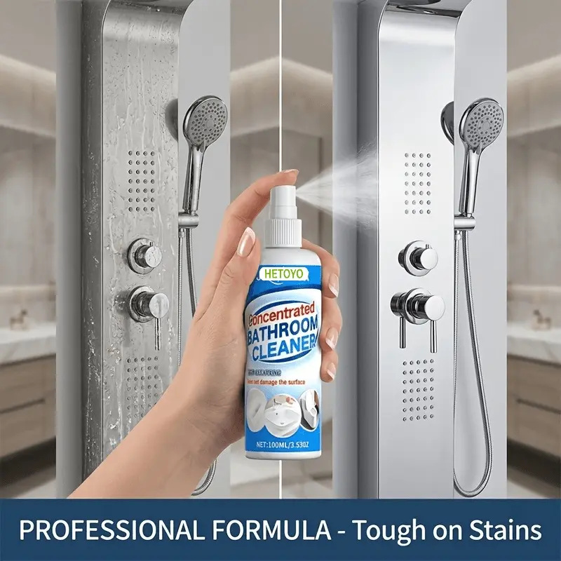 Concentrated bathroom cleaner spray for faucets, sinks, tiles, and shower glass; removes hard water stains and limescale; cleans surfaces; helps freshen and polish chrome fittings; an easy-to-apply everyday bathroom cleaning solution.