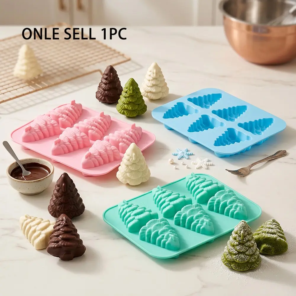 1PC Christmas Silicone Mold, 6-Hole Christmas Tree Shape Cake Mold, Ideal for Holiday Bread Baking, Creative Candle Making Tool