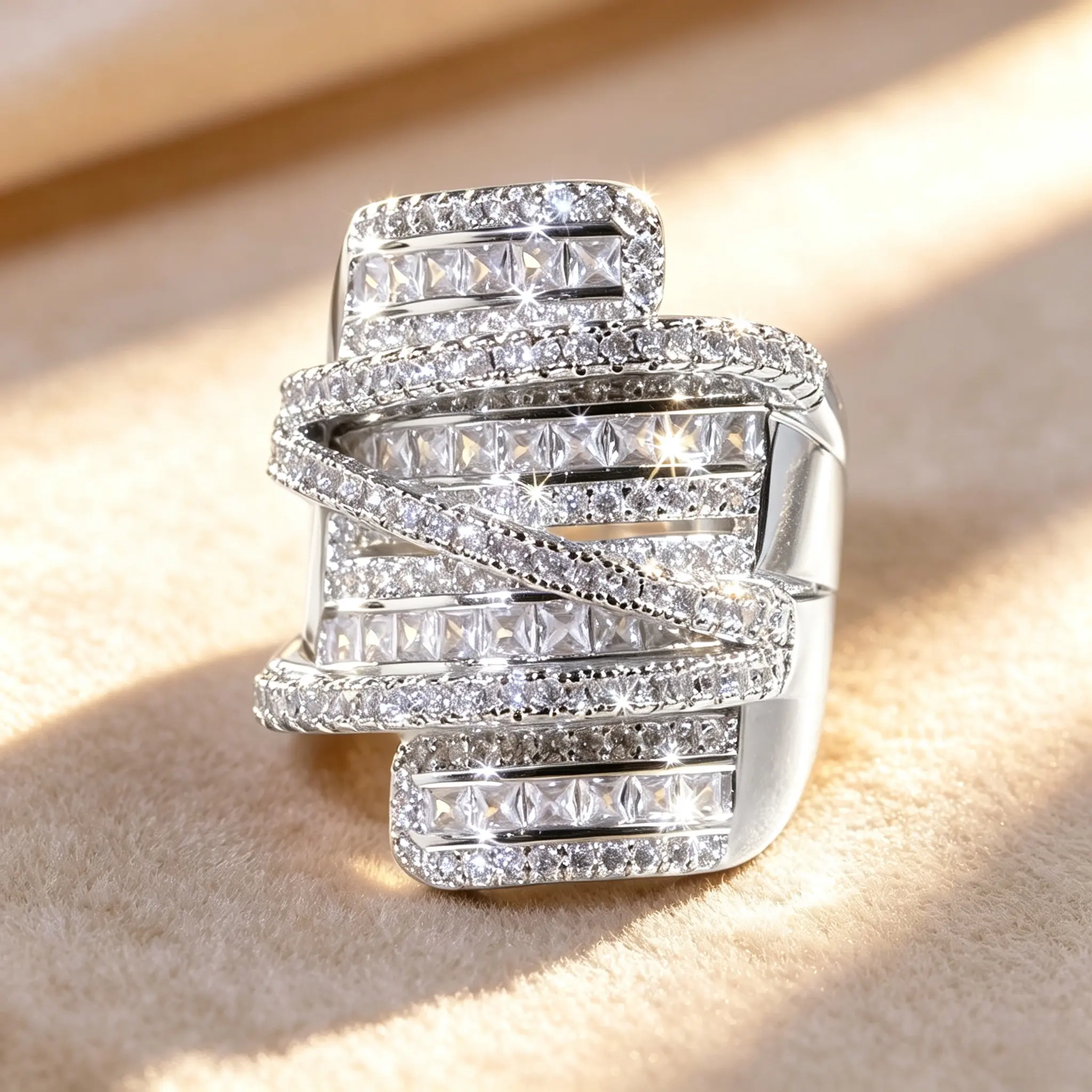 Women's Wide Multi-Layer Brilliant Spiral Wrap Statement Ring - Baguette & Round Pave Coil Cocktail Jewelry, Bold Luxury Fashion Accessory with Elegant Sparkle for Dressy Moments, Valentine Christmas Gift