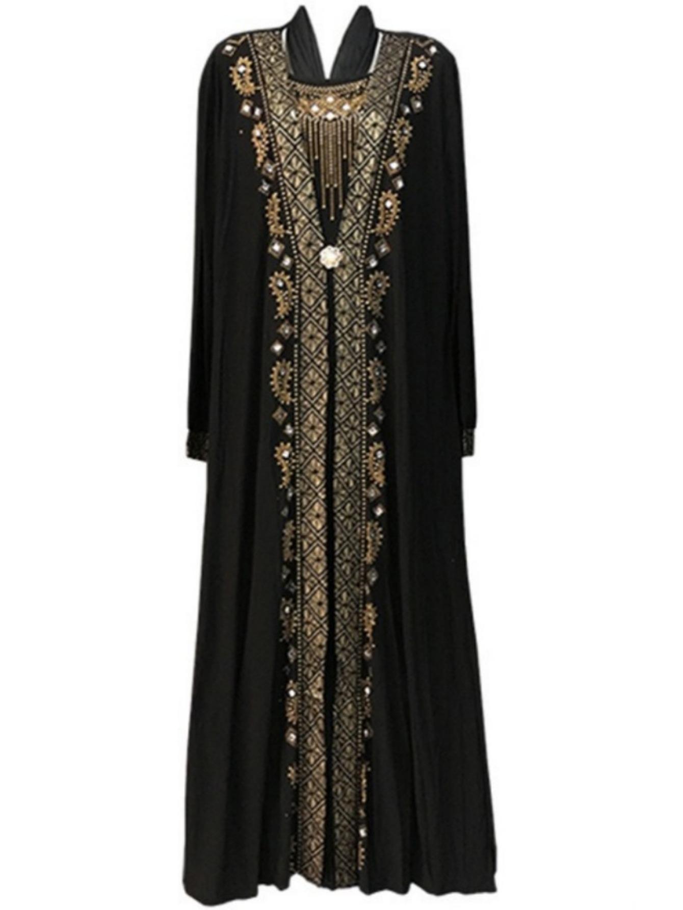 Beaded Prayer Abaya for Arab And Hui Women - a Long Gown with Heavy Golden Thread Embroidery, Featuring a Middle Eastern Ethnic Style Maxi Dress, Available in Chinese Sizes