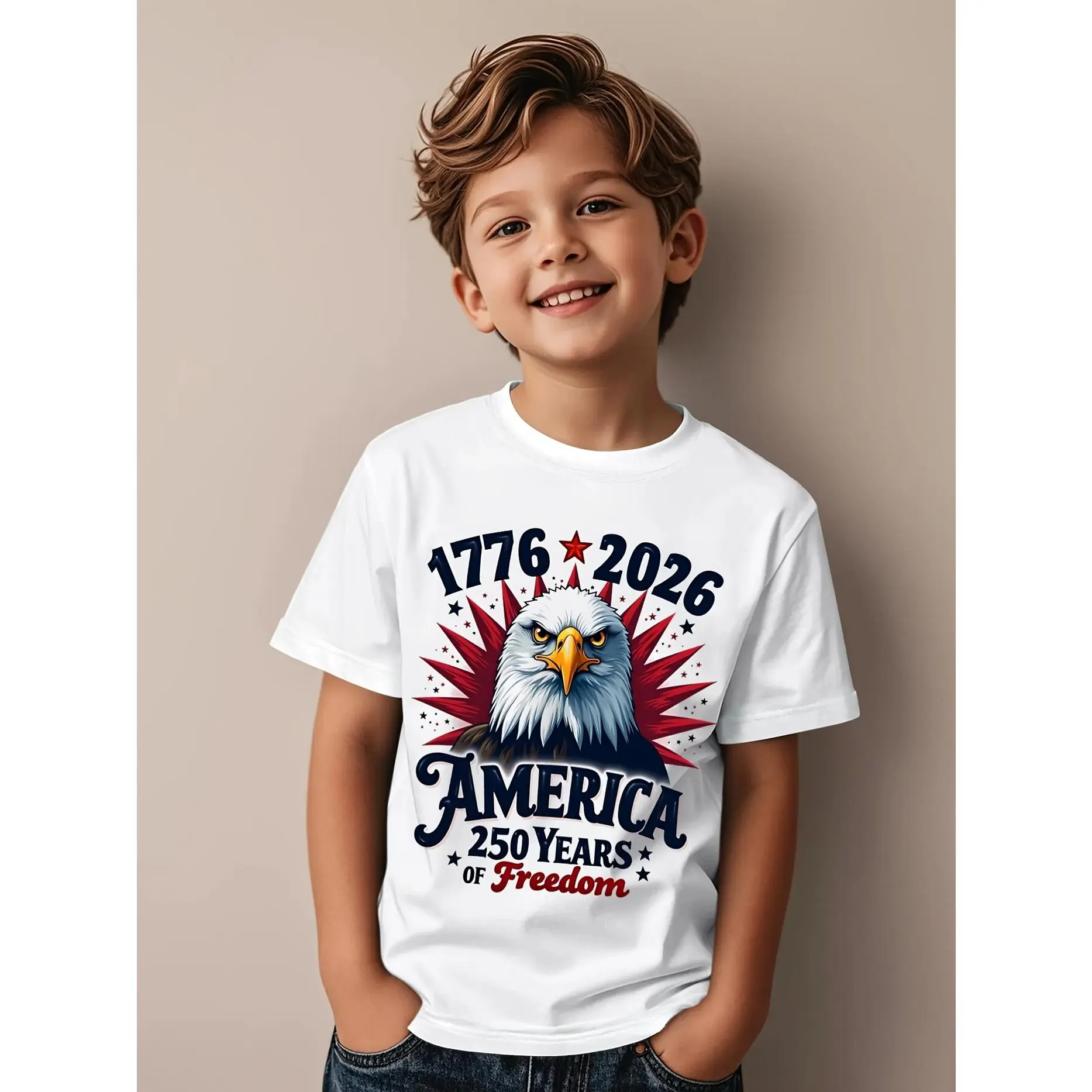 1pc Independence Day Kids' 250 Years Eagle Flag Print Black TShirt, Crew Neck, Casual Cotton Tee, Medium Stretch Knit Fabric, Regular Fit for Boys& Girls Children, 250 Years 17762026 Pattern, for Independence Day, Fourth of July, Memorial Day