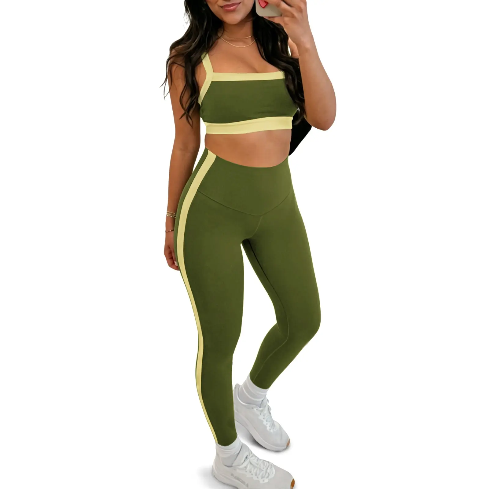 Aoysky Women's 2-Piece Workout Set, Color Block Strappy Padded Sports Bra & High Waisted Elastane Leggings, Women's Matching Gym Yoga Outfits