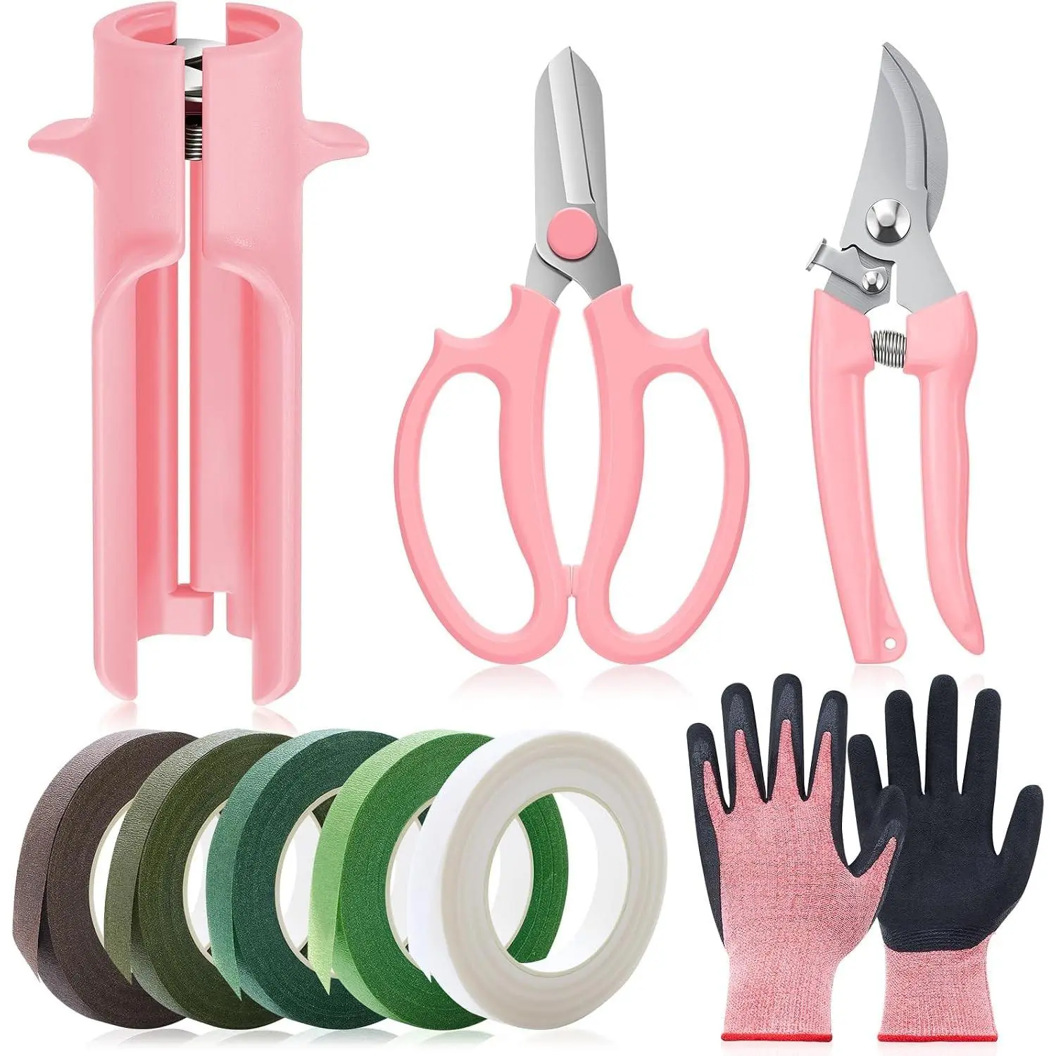 9 Pcs Rose Thorn Remover Set Include 1 Flower Thorn Stripper Tool 5 Floral Tape 1 Flower Scissor 1 Curve Gardening Scissors 1 Pair Gardening Gloves for Valentine Women Mother Gift (Pink)