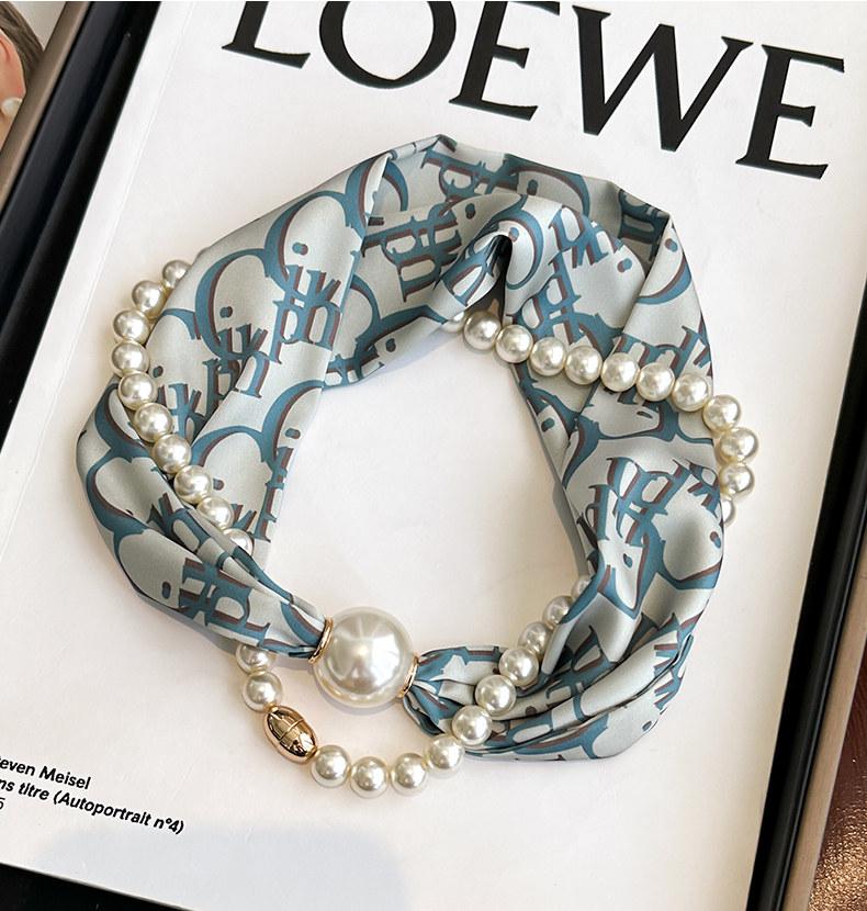 Boho Pearl Chain Scarf Necklace, Black White Rose Print Silk Scarf, Unique Neck Jewelry for Women Gift for Her