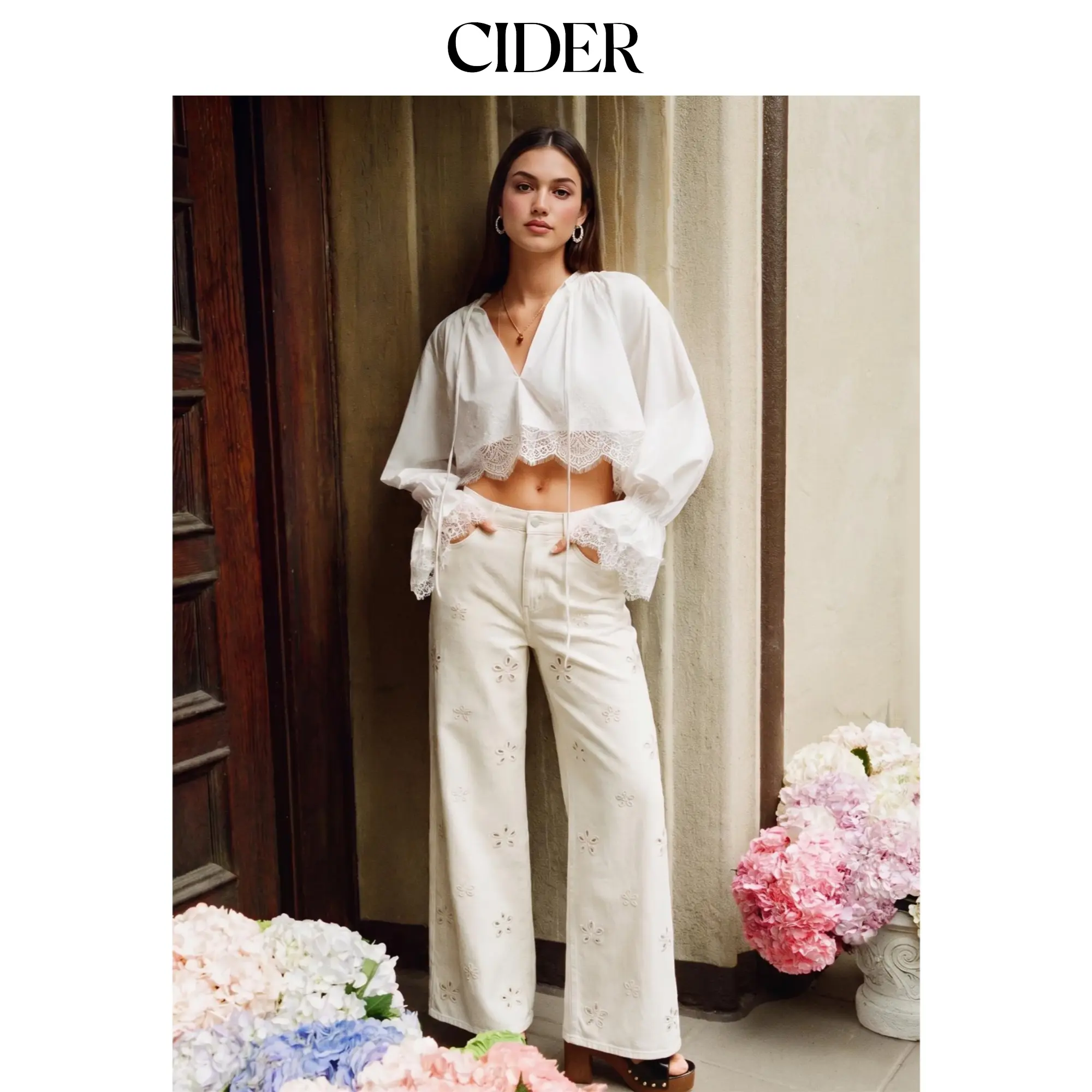 Cider Washed Denim Low Rise Floral Embroidery Wide Leg Jeans