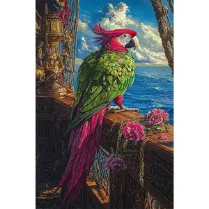 2d flat painting 5D DIY Diamond Painting Kit Parrot on Ship Deck Round Diamonds Full Drill with Tools Sparkling Rhinestones Home Wall Decor Living Room Bedroom Art Craft Gift for Adults Kids Ocean Theme Decorations