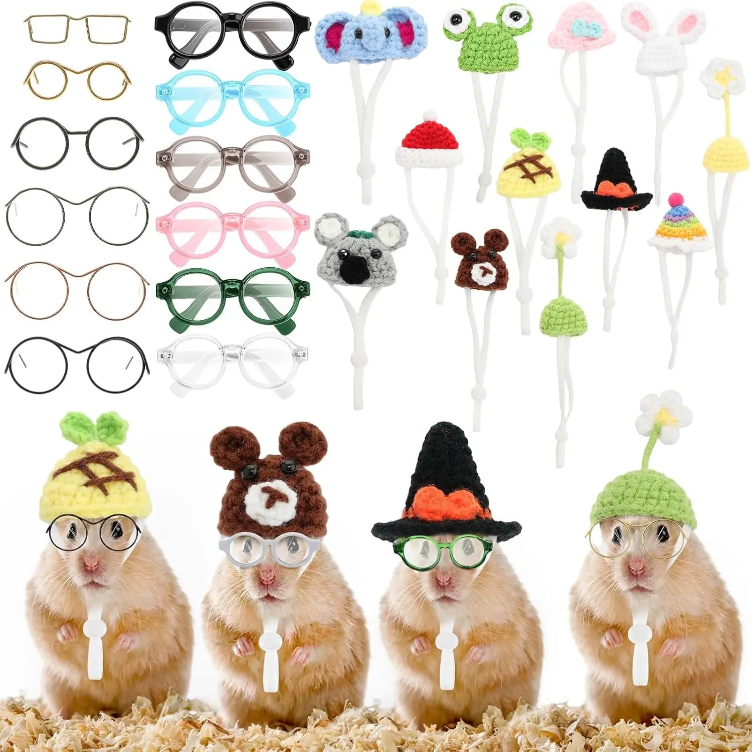 24 Pcs Hamster Hats Pet Costume Glasses Includes 12 Pcs Mini Small Animals Hat with Adjustable Strap 12 Pairs of Pet Glasses Hand Knitted Guinea Pig Hamster Clothes for Lizards Party Costume