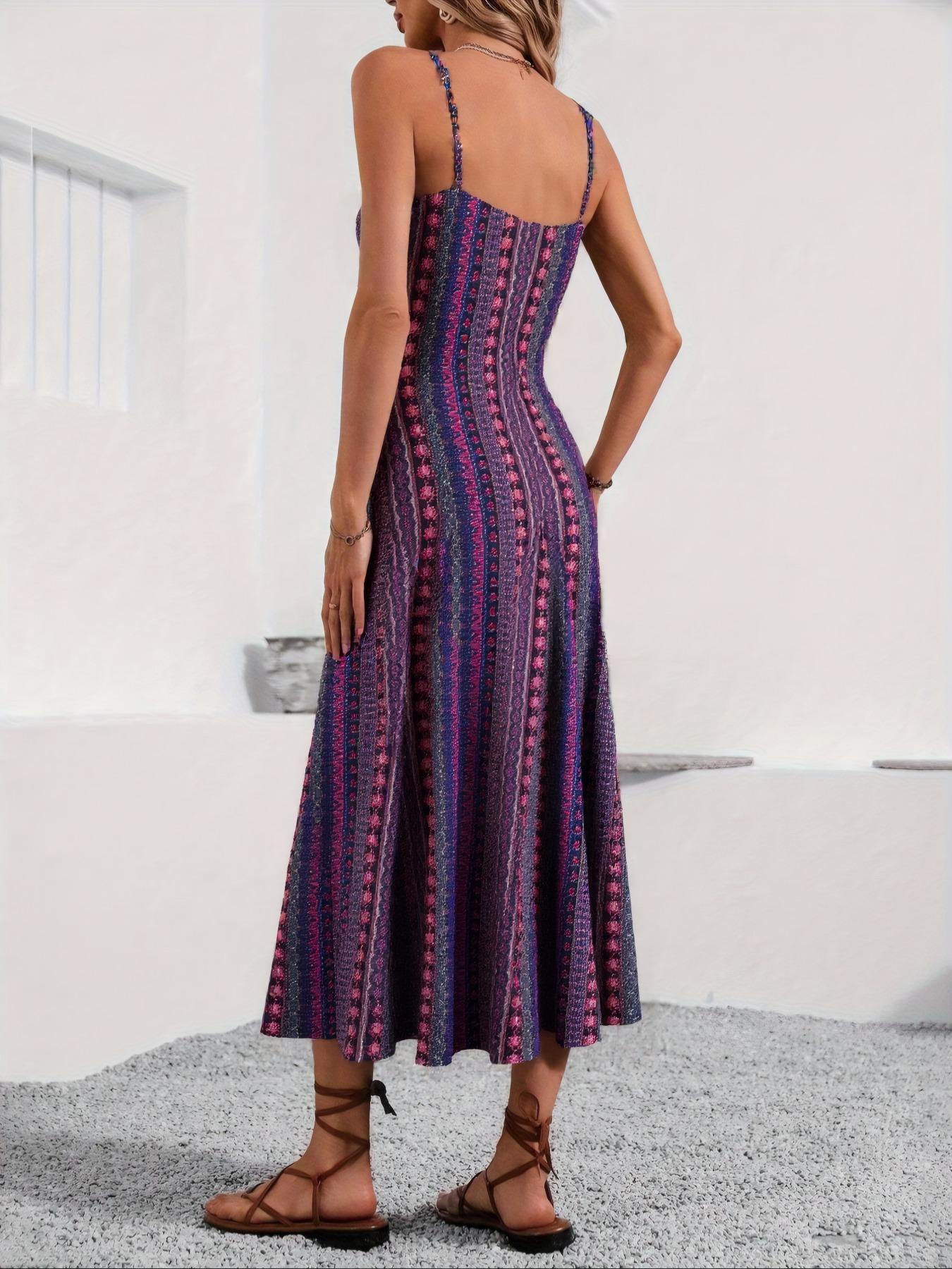 Women's All Over Ethnic Pattern Backless Split Thigh Cami Dress, Boho Fashion Casual Sleeveless Long Dress for Beach Holiday Vacation, Ladies Dress for All Seasons, Casual Boho Chic