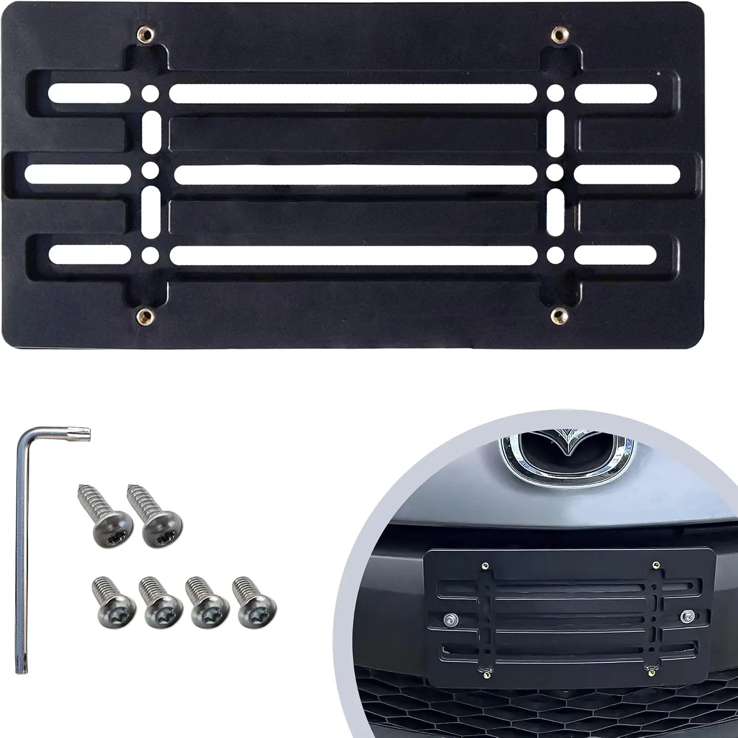 Front Bumper  Plate Bracket for Mazda 2000-2025, 2026, Plate Holder Set w 6  Screw  & Wrench Kit,  Tag Mounting Kit, Quality Plate Holders,   Accessories